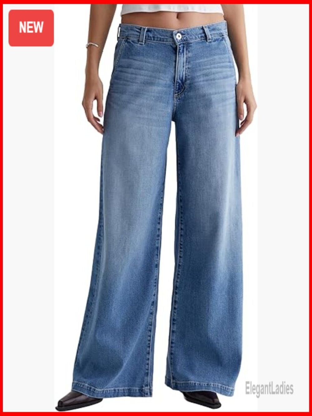 Mid Rise Wide Leg Palazzo Jeans, 32.5" Inseam, Boxy Top Block